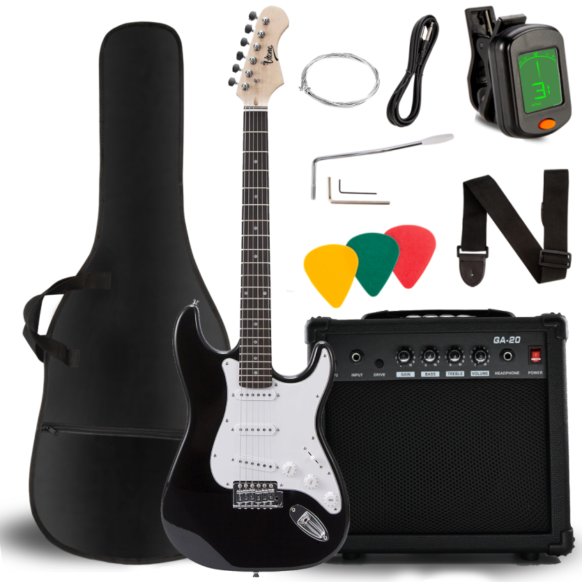 V-TONE EGA 39 BK SSS GITARA ELEKTRYCZNA 4/4 STRATOCASTER CZARNA ZESTAW + WZMACNIACZ