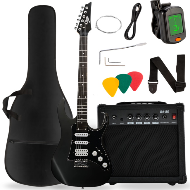 V-TONE EGA 39 MBK HSS GITARA ELEKTRYCZNA 4/4 STRATOCASTER CZARNA ZESTAW + WZMACNIACZ