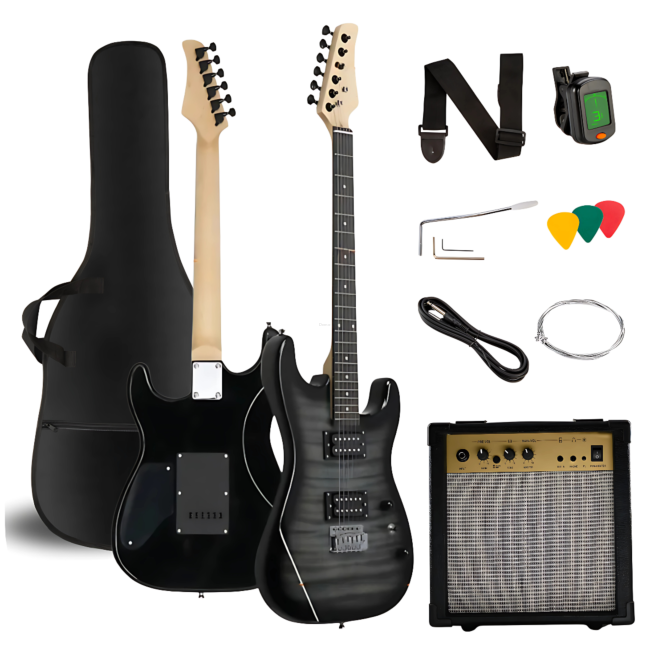 V-TONE EGW 39 GY HH GITARA ELEKTRYCZNA 4/4 STRATOCASTER CZARNA ZESTAW + WZMACNIACZ